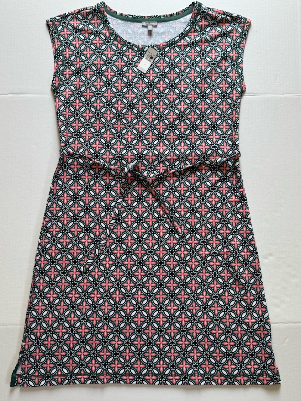 NWT T by Talbots Dress S Small Black Coral Green Geometric Tie-Waist Dress